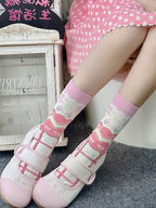 Sweet Lolita Striped Calf Socks with Bow Print | CoyBunny