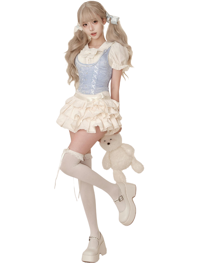 Sweet Lolita Puff Sleeve Shirt Vest Skirt Set (XS-M Available) | CoyBunny