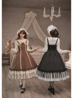 Black Print Lolita JSK Dress with Adjustable Straps & Ruffle Hem