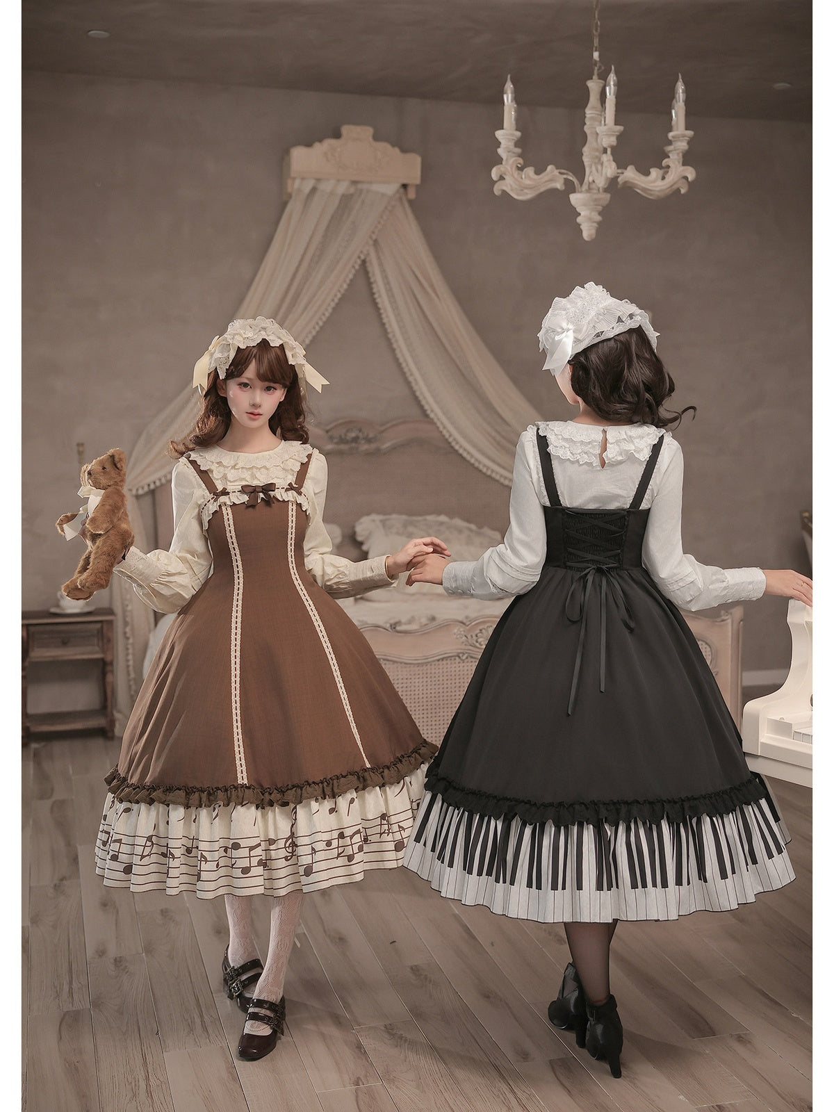 Black Print Lolita JSK Dress with Adjustable Straps & Ruffle Hem