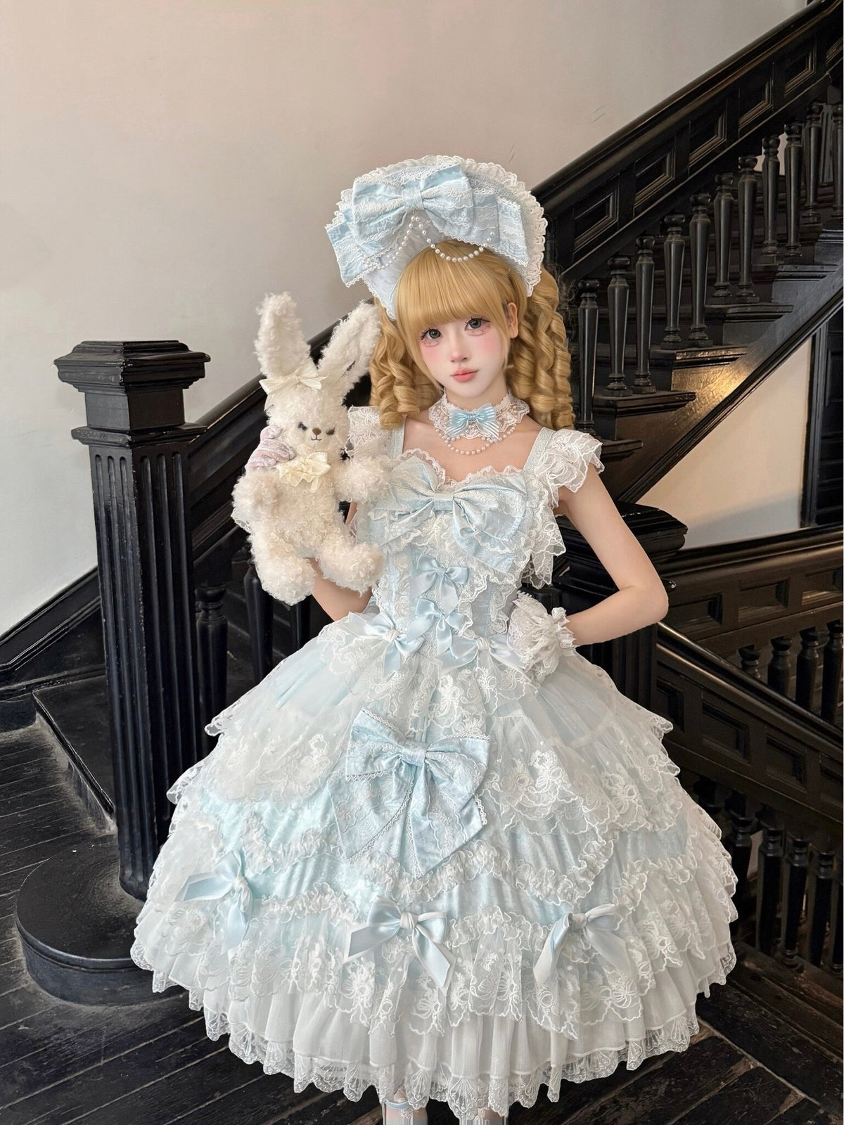 Blue Light Wedding Lolita JSK Dress with Hat & Necklace