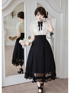 Black Off-White Color Block Lolita Long Dress with Rhinestone Necktie