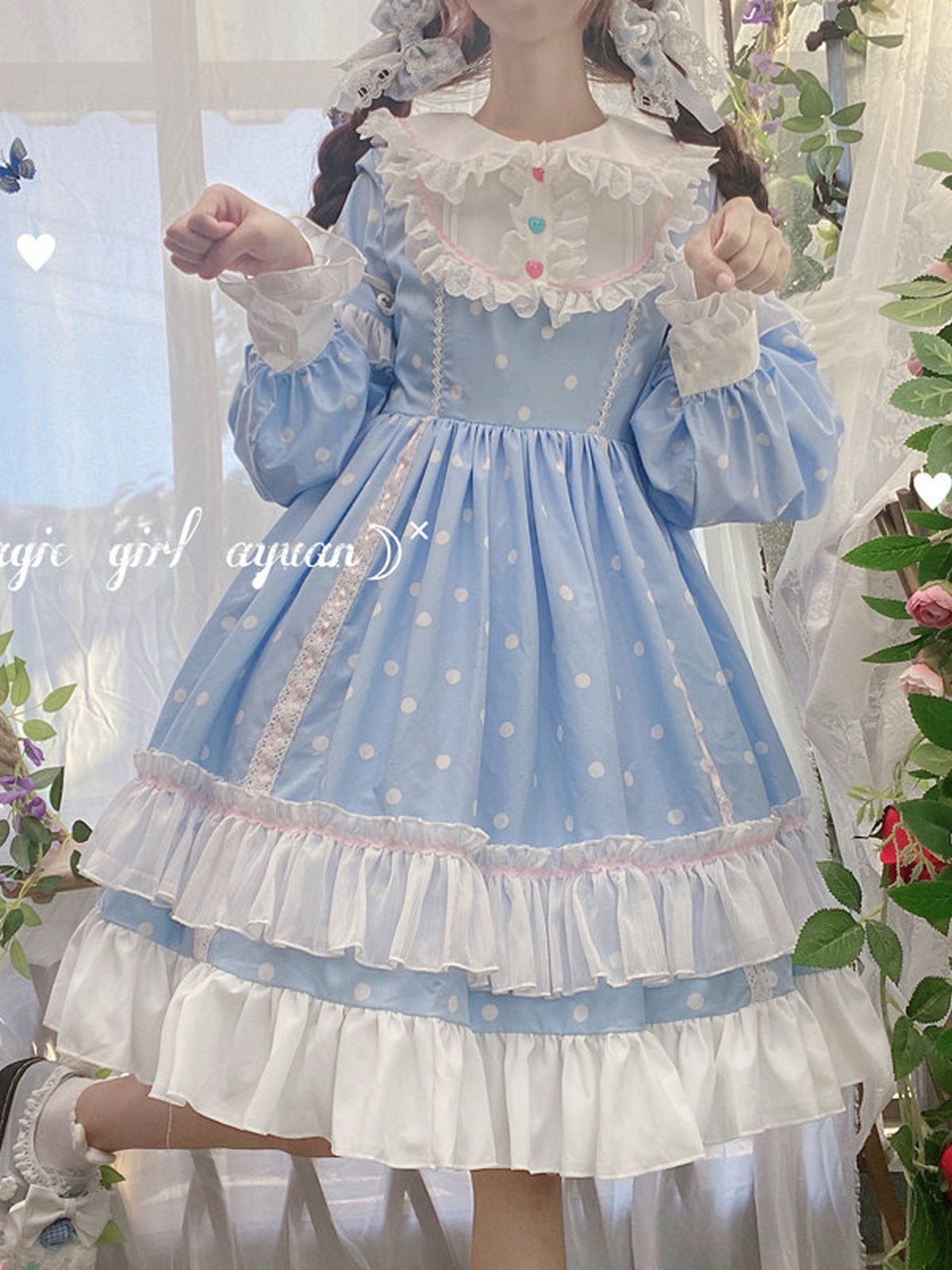 Blue & White Polka Dot Sweet Lolita OP Long Sleeve Dress