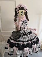 Black & Pink Doll JSK Lolita Dress with Back Bow & Headband