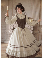 Long Ruffle Lolita OP Set with Corset, Drape & Brooch