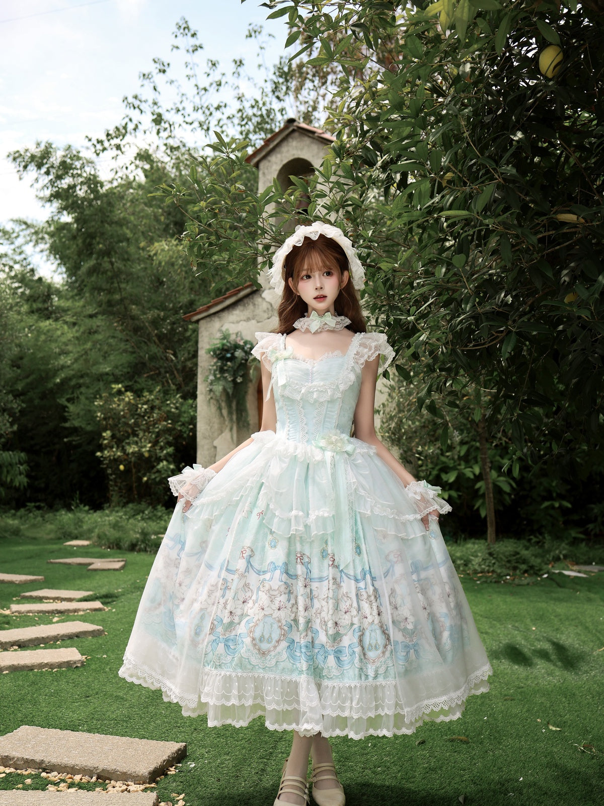 Sweet Mint Green Lolita JSK Dress Lace Ruffle Floral Print Princess Jumper Skirt