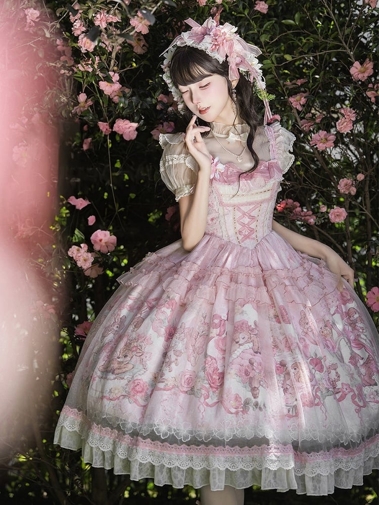 Pink Deer & Floral Print Flutter Sleeves Sweet Lolita JSK Dress with Overlay - Honey Machine | CoyBunny