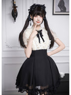 Black Off-White Color Block Lolita Short Dress with Rhinestone Necktie
