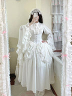 Gothic White Lolita Skirt Set: Hime Sleeve Blouse & Corset Set