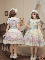 Pale Yellow Doll Lolita Bear Print OP Set with Bonus Accessories