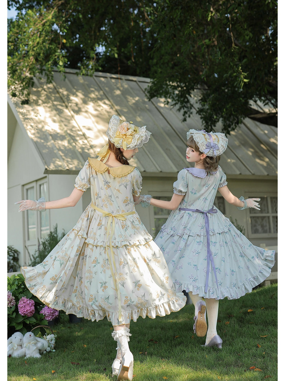 Yellow Country Lolita Floral Print OP with Matching Flat Hat