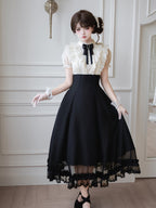 Black Off-White Color Block Lolita Long Dress with Rhinestone Necktie