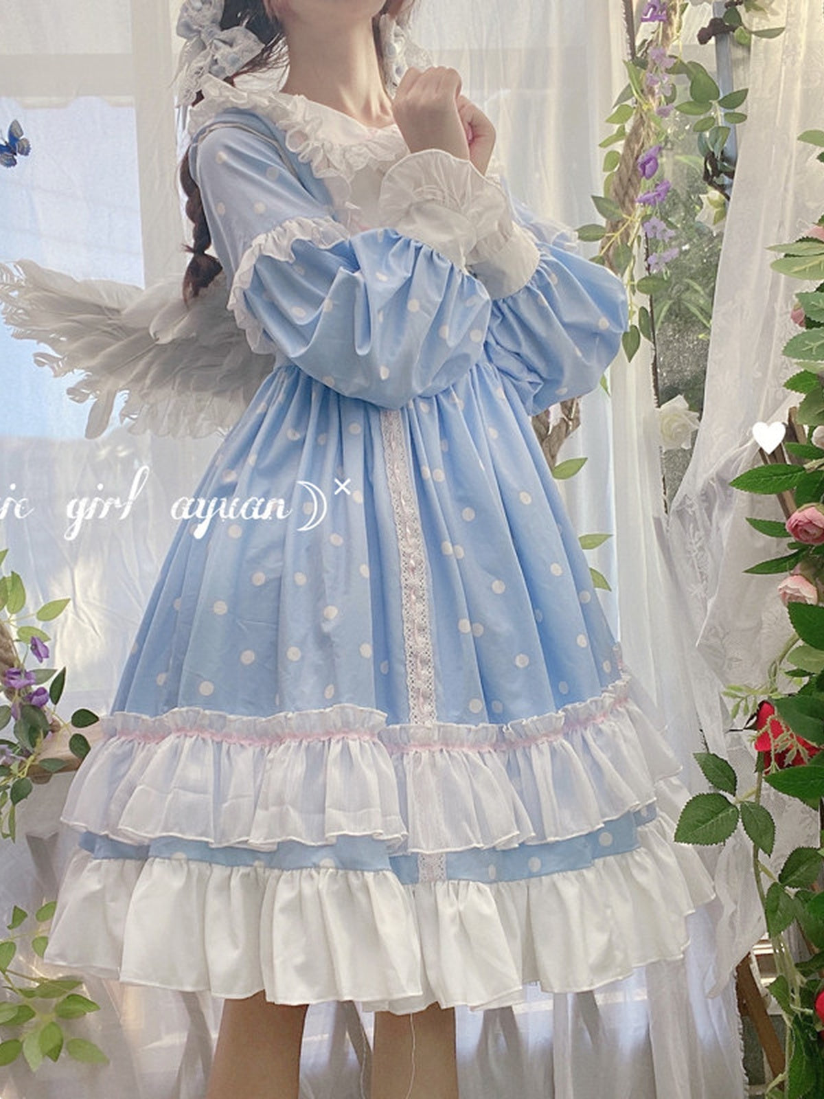 Blue & White Polka Dot Sweet Lolita OP Long Sleeve Dress