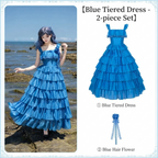 Blue Square Neck Lolita Dress Set with Seven-Tier Ruffles