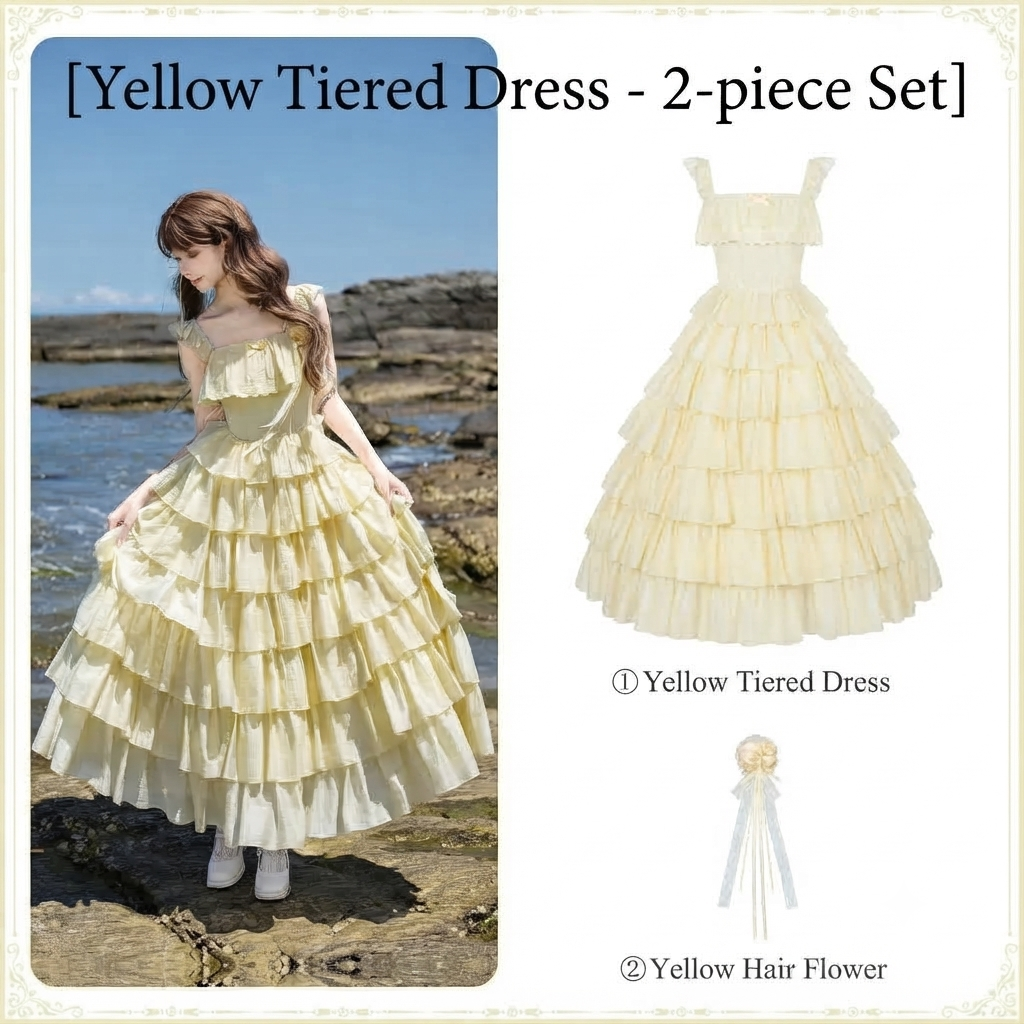 Yellow Square Neck Lolita Dress Set with Seven-Tier Ruffles