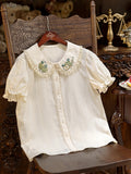 Green Apple Embroidery Collar Cream Short Sleeve Top - Dream Magic Box | CoyBunny