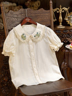 Green Apple Embroidery Collar Cream Short Sleeve Top - Dream Magic Box | CoyBunny