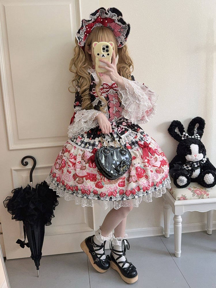 Black Bell Sleeves Sweet Lolita OP Dress with Strawberry Desserts Print - Miss Han | CoyBunny