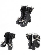 Black Sweet Lolita Boots with Beaded Bow - Sheep Puff | CoyBunny