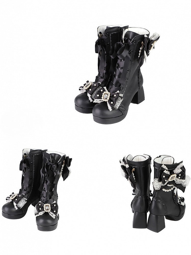 Black Sweet Lolita Boots with Beaded Bow - Sheep Puff | CoyBunny
