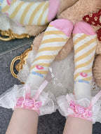 Pink&Yellow Sweet Lolita Bowknot Striped Pattern Calf Socks | CoyBunny