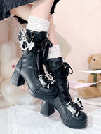 Black Sweet Lolita Boots with Beaded Bow - Sheep Puff | CoyBunny