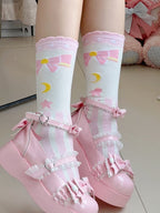Sweet Lolita Striped Calf Socks with Bow, Star and Moon Print | CoyBunny