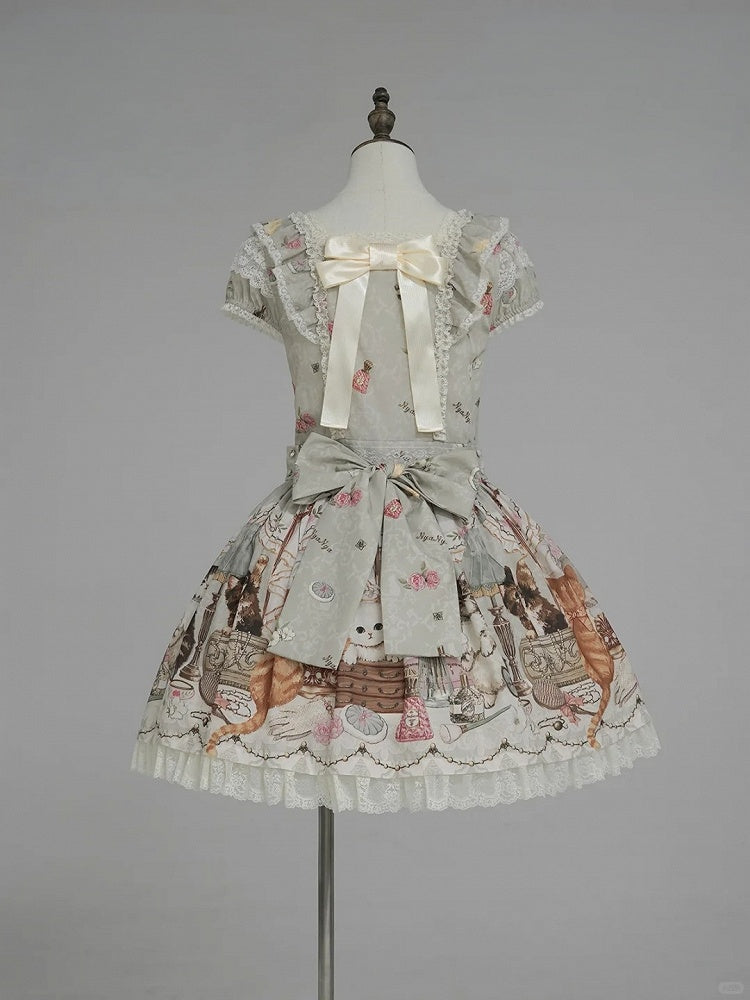 Green Cat Print Square Neckline Sweet Lolita JSK Dress with Plush Cat Patch - NyaNya | CoyBunny