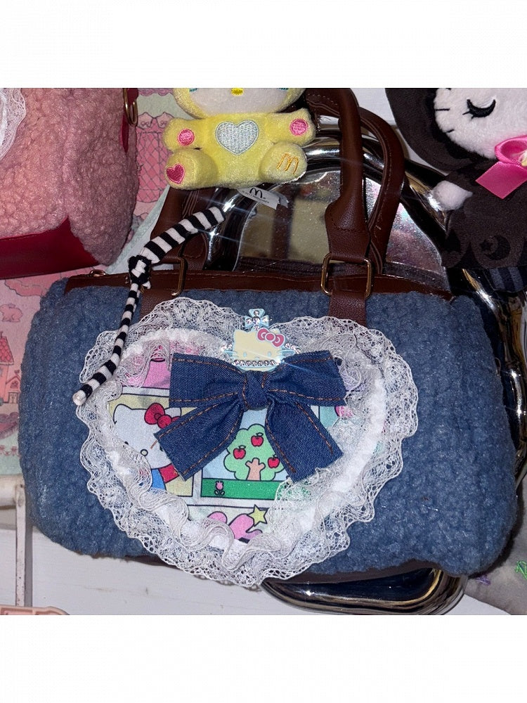Retro Plush Crossbody Bag with Heart Lace Trim - Black Cherry Sauce | CoyBunny