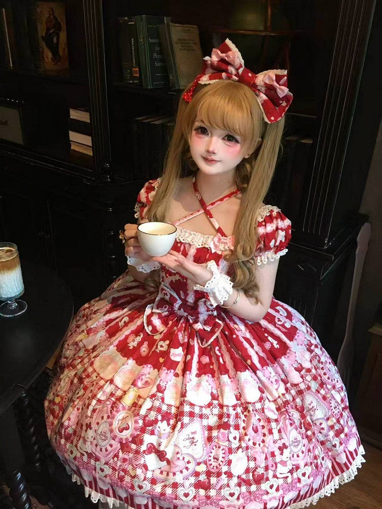 Cat Print Crimson Sweet Lolita OP Dress with Removable Crisscross Halter Straps - Pastry Chef | CoyBunny