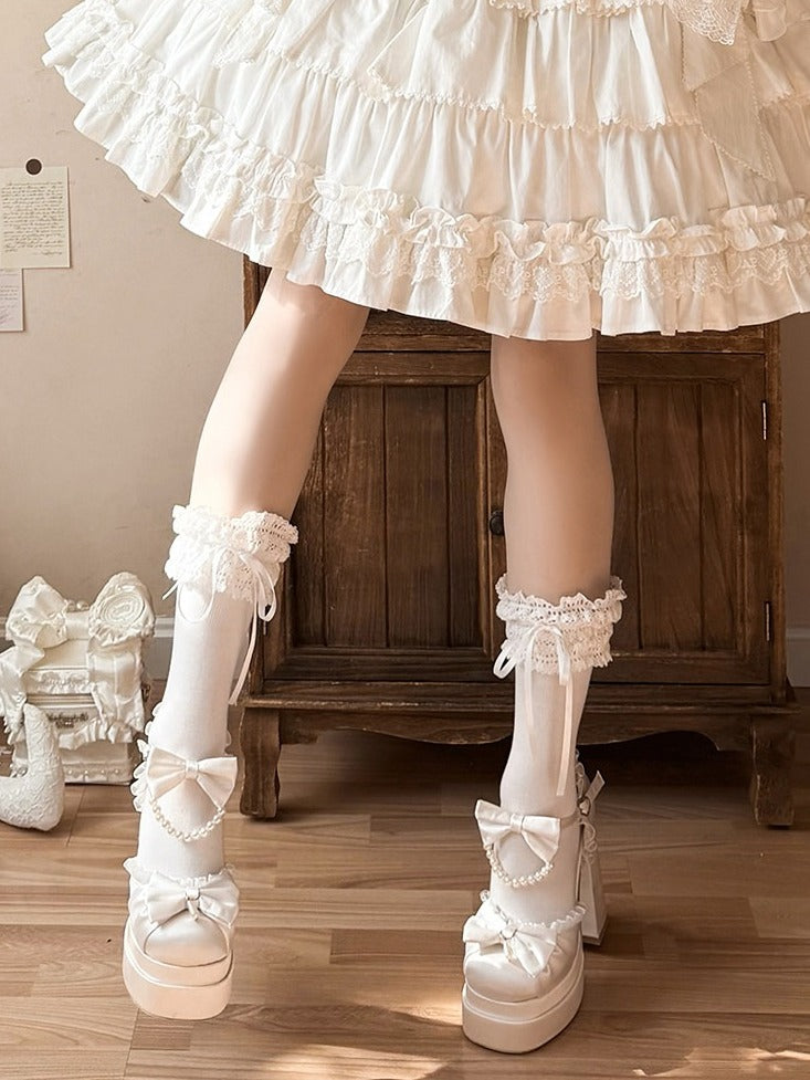 White Platform Round Toe Shoes with Pearl Chain & Lace Bow Accent 12cm Heels - Witch's Night | CoyBunny