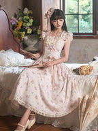 Graceful Pink Floral Lace JSK Dress with Brooch Set | CoyBunny