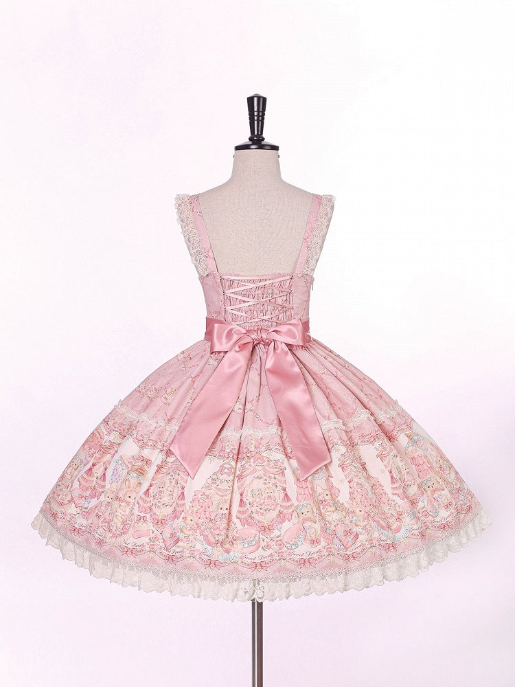 Sweet Pink Doll-Themed Lolita JSK with Bow Accents and Toy Bed Print - Alice Girl | CoyBunny