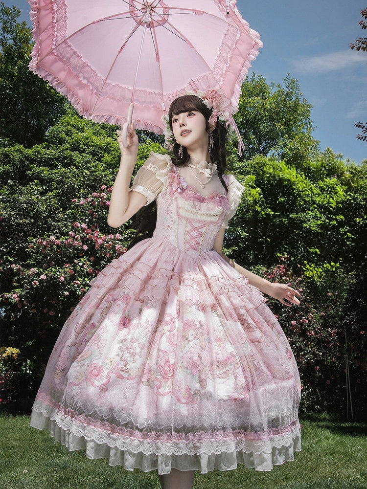 Pink Deer & Floral Print Flutter Sleeves Sweet Lolita JSK Dress with Overlay - Honey Machine | CoyBunny