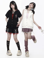 Sporty Kawaii Black & Red Mini Skirt with Lace-Up Details - PINK SAVIOR | CoyBunny