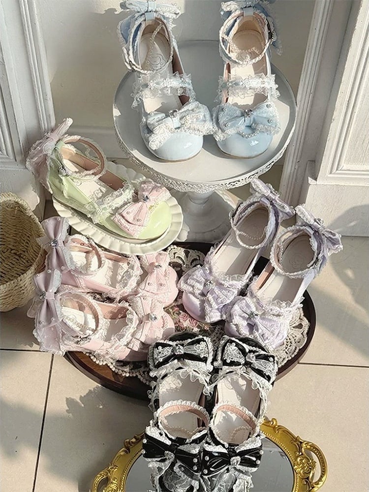 Green Kawaii Crystal Bow Round Toe Slope Heel Shoes - Meng Ka Jiang | CoyBunny