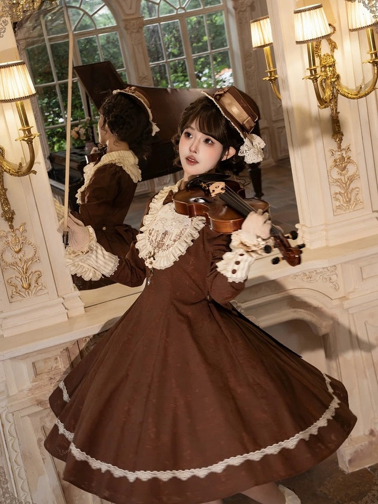 Brown Lace OP Dress with Detachable Bow - iris de nuit | CoyBunny