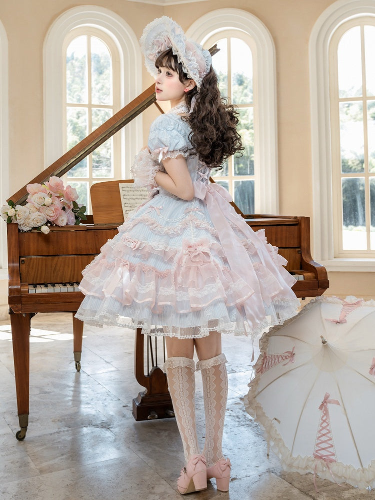 Short Sweet Lolita Princess and Details Bows Pink Blue Striped Dress Bead Sleeves - Mademoiselle | CoyBunny
