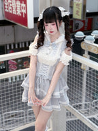 Light Dusty Blue Double-Layer Overall Skirt with Lace Trim - Puppet Bombs | CoyBunny
