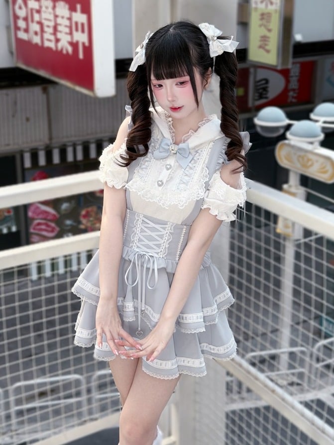 White & Light Blue Cutout Shoulder Bunny Ear Hooded Jacquard Knit Top with Lace and Bow Details - Puppet Bombs | CoyBunny