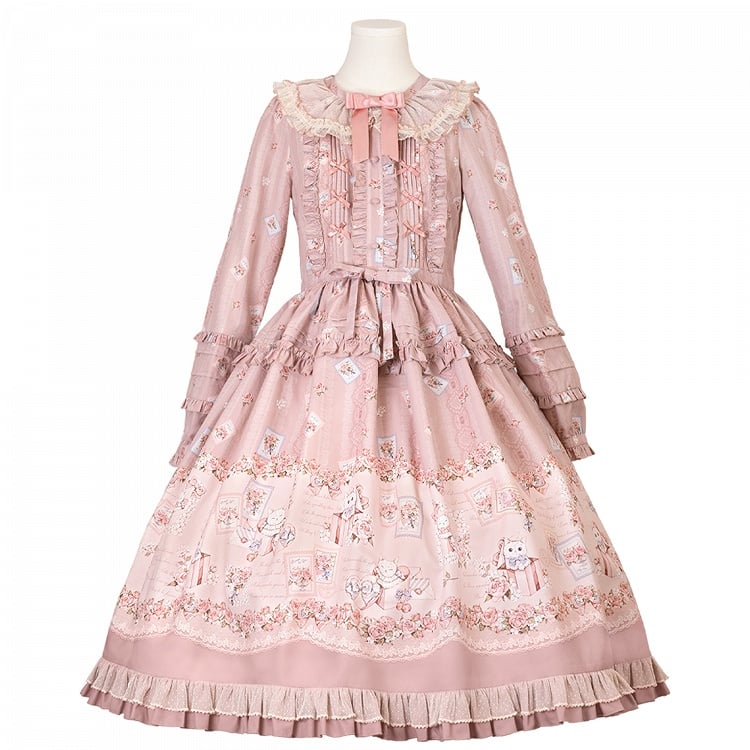 Pink Floral and Kitty Spring Long-Sleeve Pink House Style Sweet Lolita Dress | CoyBunny