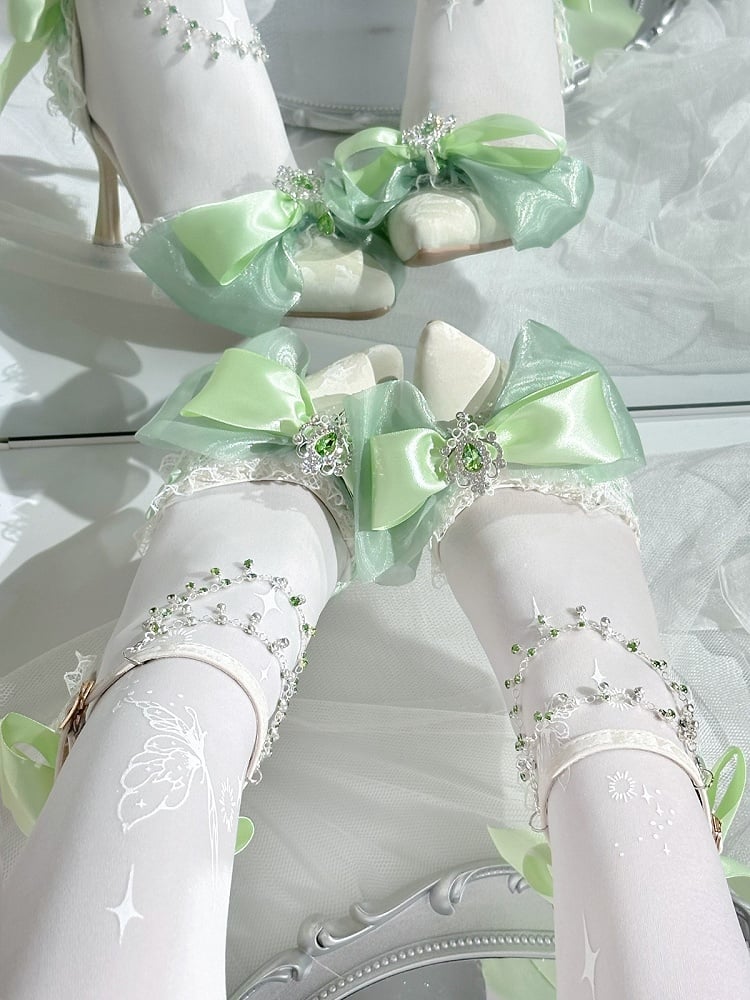 Emerald Pointed Lolita Heels with Lace Ankle Strap - Miaomiao Just for You | CoyBunny