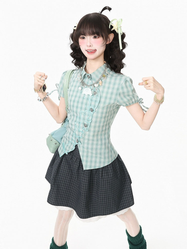 Green Plaid Short Sleeve Shirt with Kitty Embroidery - Languid Park | CoyBunny