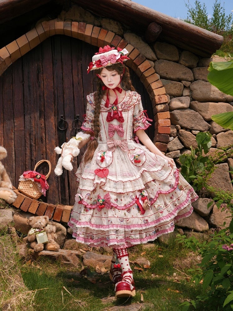 Beige Red Short Sleeve Ruffles Cottagecore Lolita OP Dress - DrunkCoco | CoyBunny