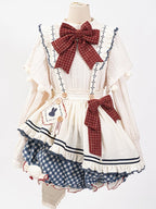 White Long-Sleeve Knitted Top Apron Blue Plaid Print Bloomer Shorts Sweet Lolita Full Set | CoyBunny