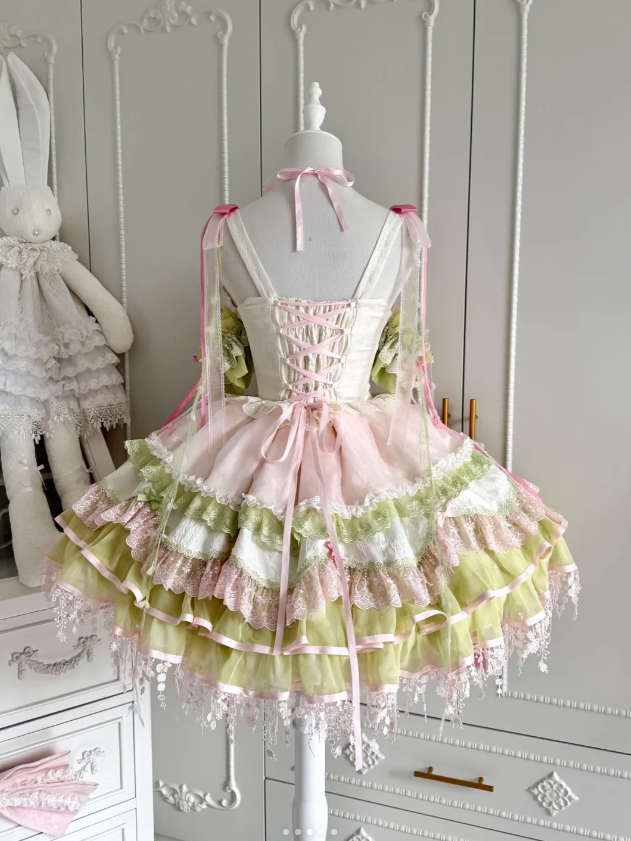 Sweet Lolita JSK Set with Floral Crown and Detachable Sleeves - Sweetheart Macaron Lolita | CoyBunny