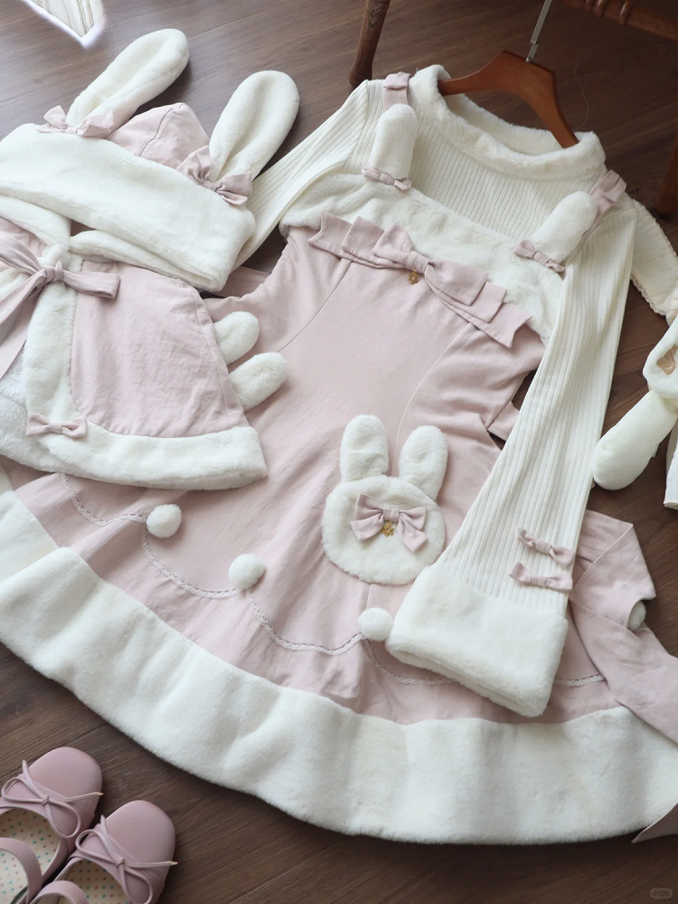 Pink Winter Sweet Bunny Theme Christmas Lolita Dress Plush Neckline and Hemline | CoyBunny
