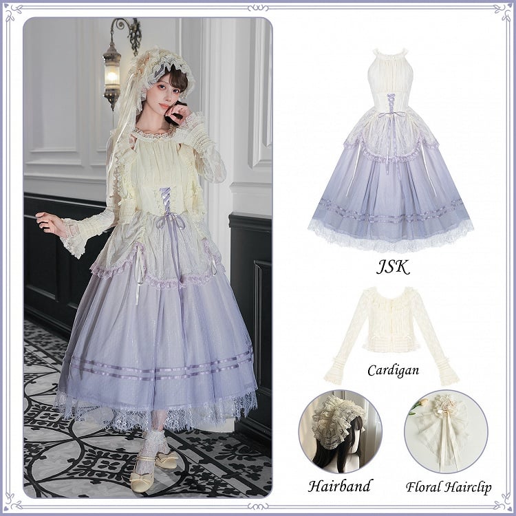 Purple Classic Gradient Lolita JSK Set with Cardigan and Hair Items - With PUJI | CoyBunny