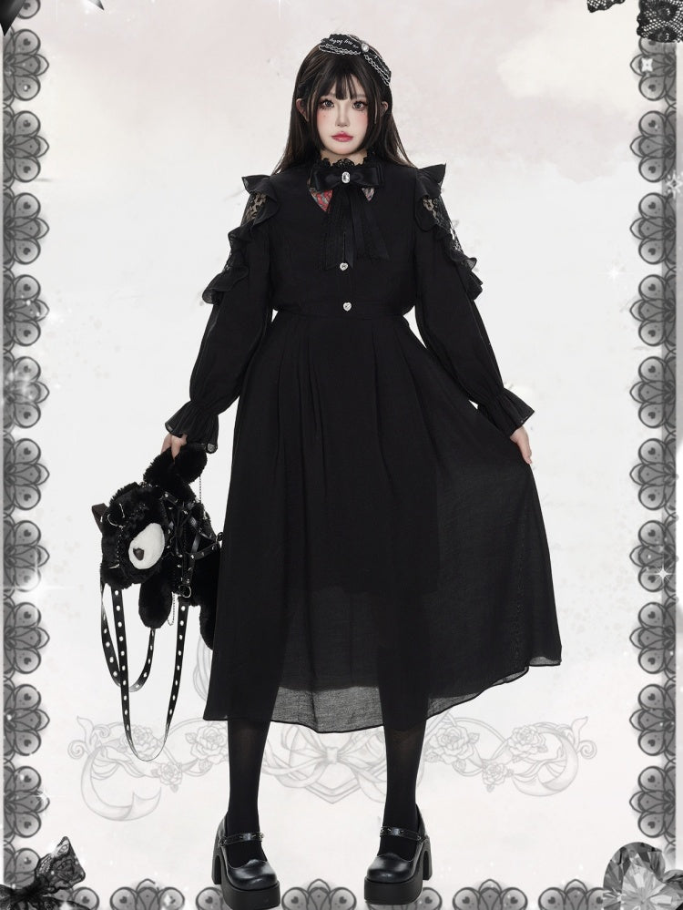 Plus Size Heart Button Black Lace Patched Long Dress | CoyBunny