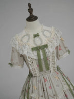 Green Cat Print Round Neck Sweet Lolita Dress with Lace Trim - NyaNya | CoyBunny